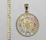 Plated Tri-Color Aztec Calendar 4mm 14K Diamond Figaro Chain Necklace