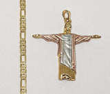 Plated Tri-Color Open Arm Jesus Whole Body 4mm 14K Diamond Figaro Chain Necklace