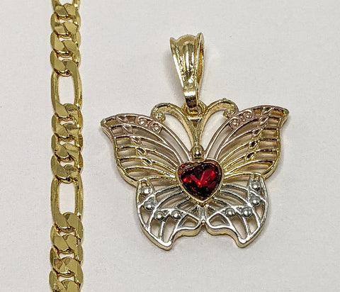 Plated Tri-Gold Butterfly 5mm Figaro Chain Necklace