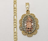 Plated Tri-Color Virgin Mary 4mm 14K Diamond Figaro Chain Necklace