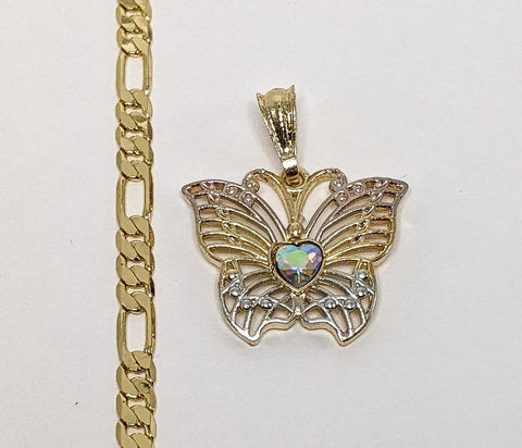 Plated Tri-Gold Butterfly 5mm Figaro Chain Necklace