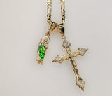 Cross Saint Jude Double Pendants Charms 3mm Figaro Plated Necklace
