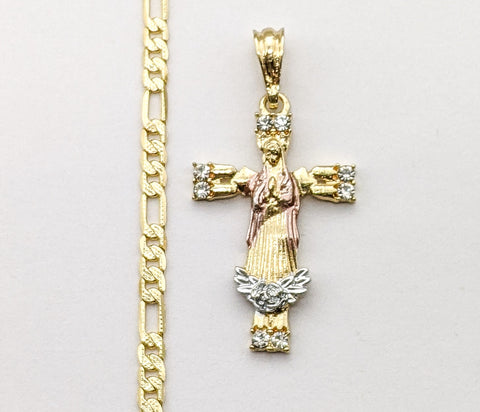 Tri-Color Virgin Mary 4mm 14K Diamond Figaro Chain Necklace