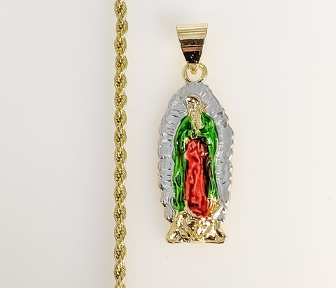 Plated Multicolor Virgin Mary 2mm Rope/Braided Chain Necklace