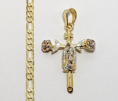 Plated Tri-Color Virgin Mary 4mm 14K Diamond Figaro Chain Necklace