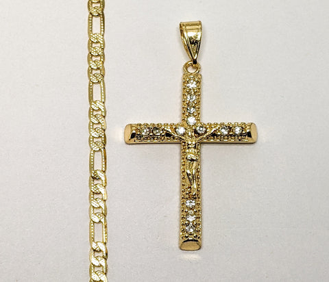 Plated Cross 4mm 14K Diamond Figaro Chain Necklace