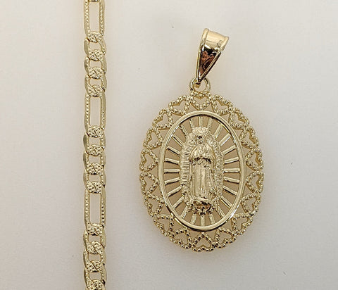 Plated Virgin Mary 4mm 14K Diamond Figaro Chain Necklace