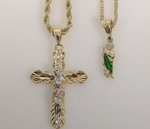 Plated Cross 4mm Chain and Saint Jude 2mm Chain Necklaces