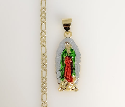 Plated Multicolor Virgin Mary 3mm Figaro Chain Necklace