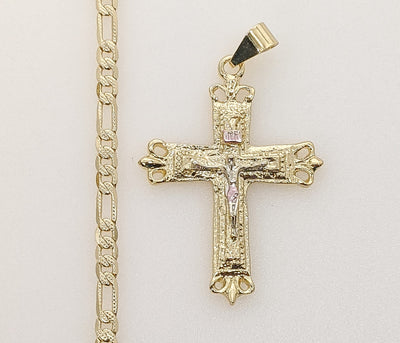 Plated Tri-Color Cross 4mm 14K Diamond Cut Figaro Chain Necklace