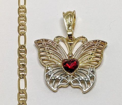 Plated Tri-Gold Butterfly 4mm Figaro Mariner Chain Necklace