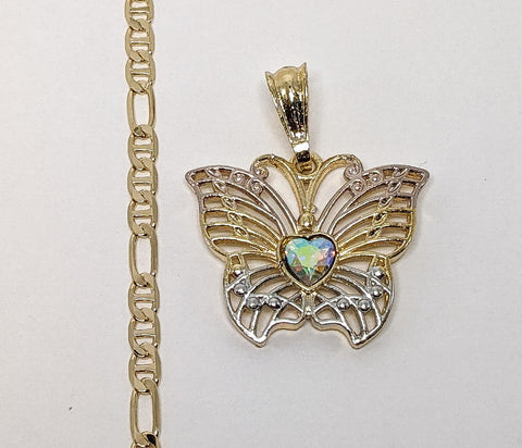 Plated Tri-Gold Butterfly 4mm Figaro Mariner Chain Necklace