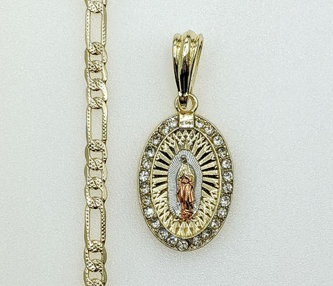 Plated Tri-Color Virgin Mary 4mm 14K Diamond Figaro Chain Necklace