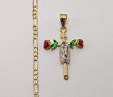 Plated Multicolor Virgin Mary 4mm Figaro Chain Necklace