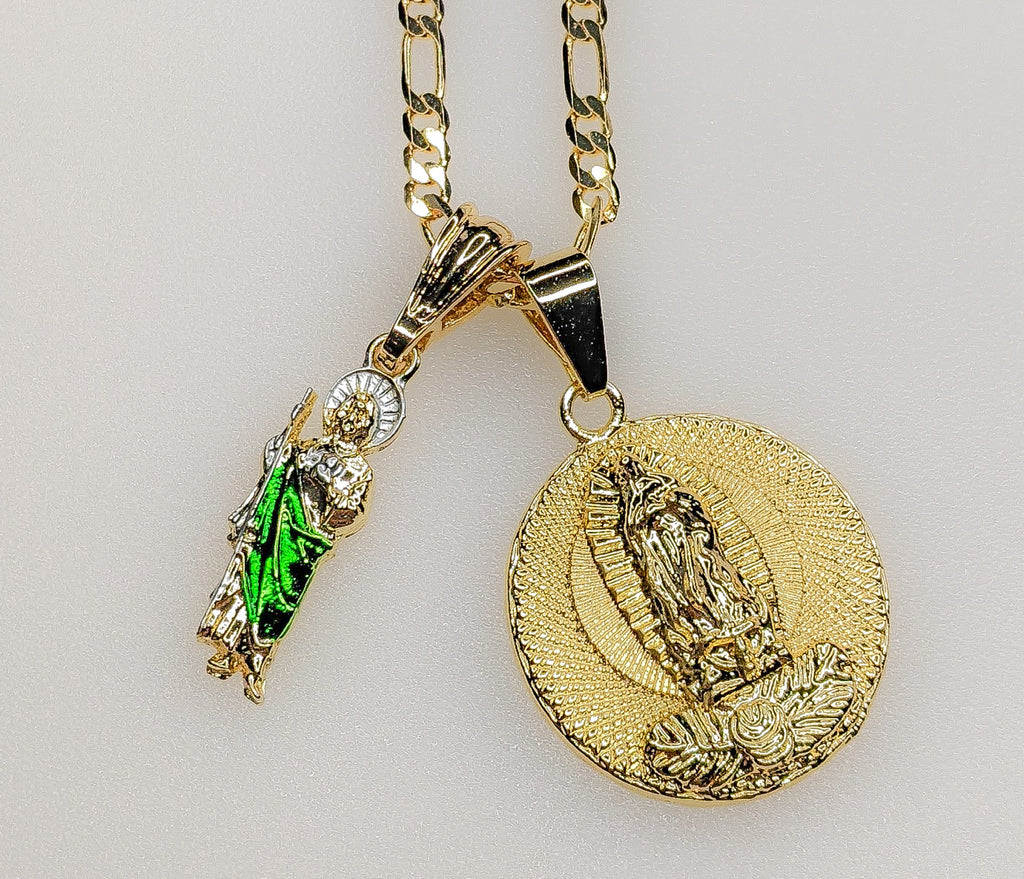 Virgin Mary Saint Jude Double Pendants Charms 3mm Figaro Plated Necklace