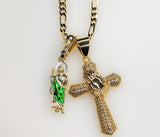Cross Saint Jude Double Pendants Charms 3mm Figaro Plated Necklace