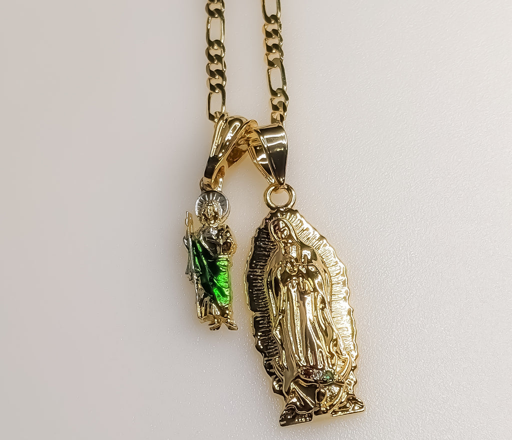 Virgin Mary Saint Jude Double Pendants Charms 3mm Figaro Plated Necklace