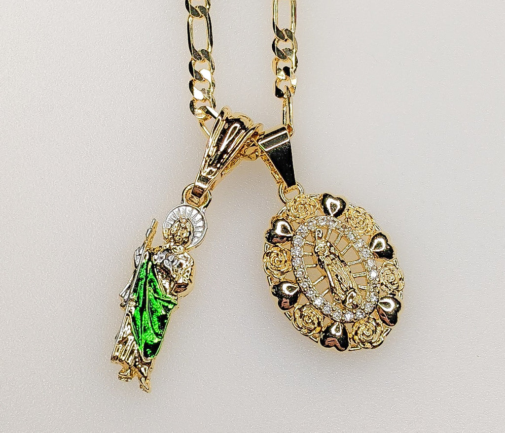 Virgin Mary Saint Jude Double Pendants Charms 3mm Figaro Plated Necklace