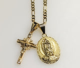 Virgin Mary Cross Double Pendants Charms 3mm Figaro Plated Necklace