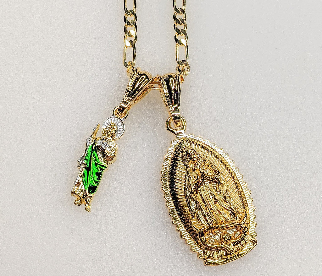 Virgin Mary Saint Jude Double Pendants Charms 3mm Figaro Plated Necklace
