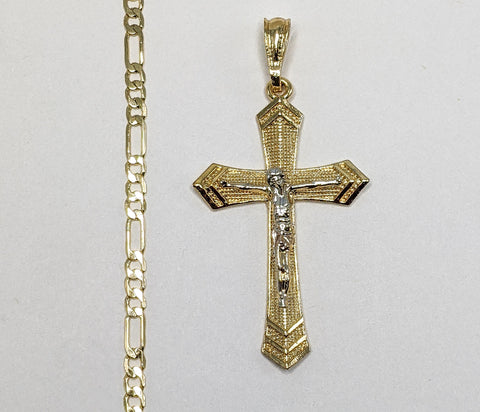 Plated Tri-Color Cross 4mm Figaro Chain Necklace