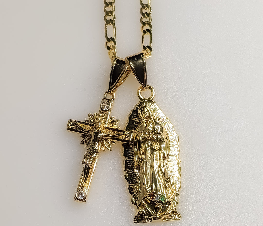 Virgin Mary Cross Double Pendants Charms 3mm Figaro Plated Necklace