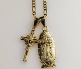 Virgin Mary Cross Double Pendants Charms 3mm Figaro Plated Necklace