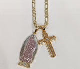 Plated Tri-Gold Virgin Mary and Cross 3mm 22" Figaro Chain Necklace*