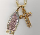 Plated Tri-Gold Virgin Mary and Cross 4mm 18" Figaro Chain Necklace*