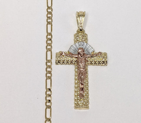 Plated Tri-Color Cross 4mm Figaro Chain Necklace