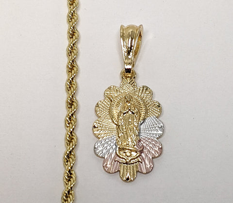 Plated Tri-Gold Virgin Mary 3mm Rope/Braided Chain Necklace