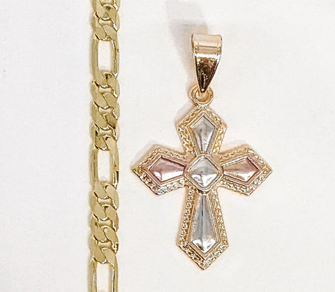 Plated Tri-Gold Cross 5mm Figaro Chain Necklace