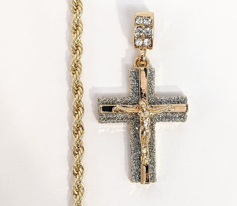 Plated Cross Pendant and Rope/Braided Chain Set