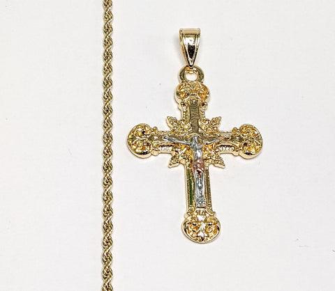 Plated Tri-Gold Cross 2mm Rope/Braided Chain Necklace