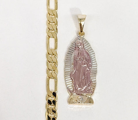 Plated Tri-Gold Virgin Mary 5mm Figaro Chain Necklace