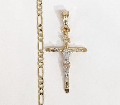 Plated Tri-Color Cross 4mm Figaro Chain Necklace