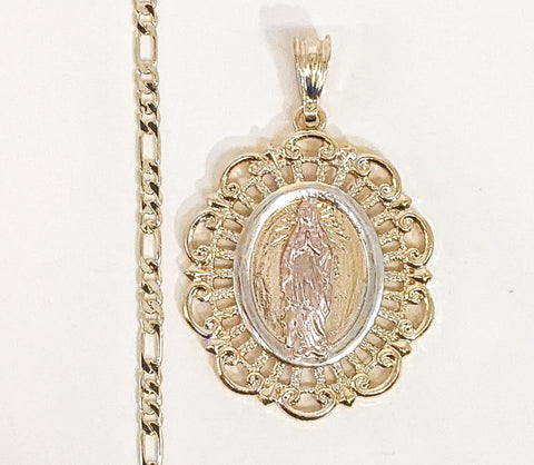 Plated Tri-Gold Virgin Mary 3mm Figaro Chain Necklace