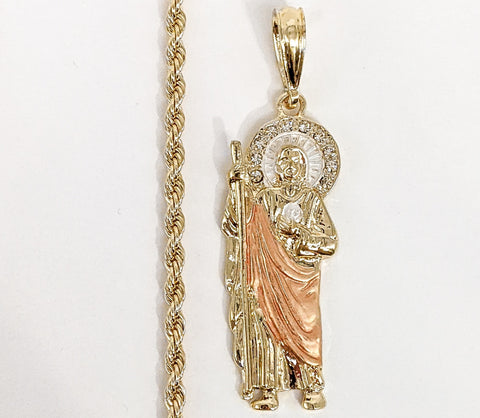 Plated Tri-Gold Saint Jude Pendant and Rope/Braided Chain Set*