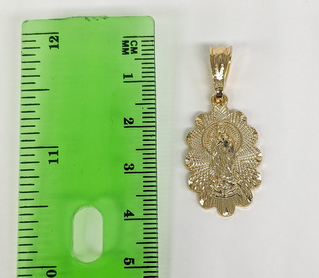14K Gold Plated Holy Mary Necklace La Virgen De Guadalupe Pendant Cadena  Cuban Chain 24 inch x 4 mm 