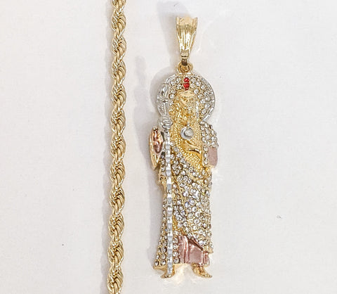 Plated Tri-Gold Saint Jude Pendant and Rope/Braided Chain Set