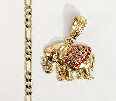 Plated Tri-Gold Elephant Pendant and Figaro Chain Set