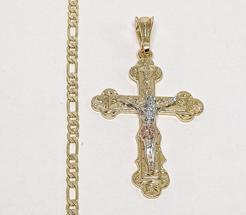 Plated Tri-Gold Cross 3mm Figaro Chain Necklace