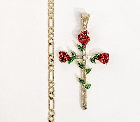 Plated Multicolor Cross 4mm Figaro Chain Necklace