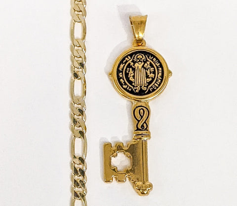 Stainless Steel Saint Benedict Key Pendant and Plated Figaro Chain Set