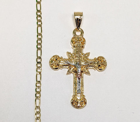 Plated Tri-Gold Cross 3mm Figaro Chain Necklace