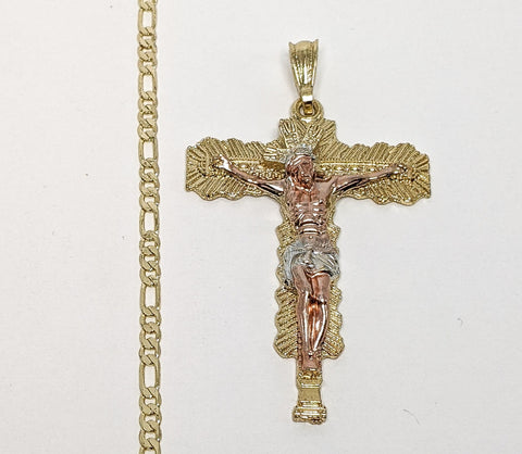 Plated Tri-Gold Cross 3mm Figaro Chain Necklace