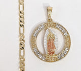 Plated Tri-Gold Virgin Mary 5mm Figaro Chain Necklace