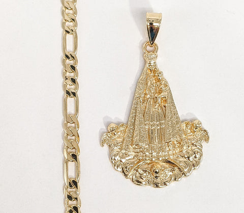 Plated Virgin Mary Pendant and Figaro Chain Set