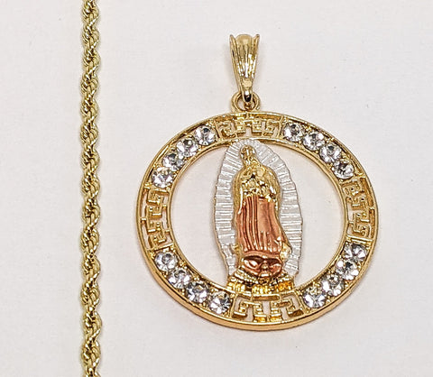 Plated Tri-Gold Virgin Mary 3mm Rope/Braided Chain Necklace