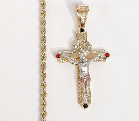 Plated Tri-Gold Cross Pendant and Rope/Braided Chain Set*